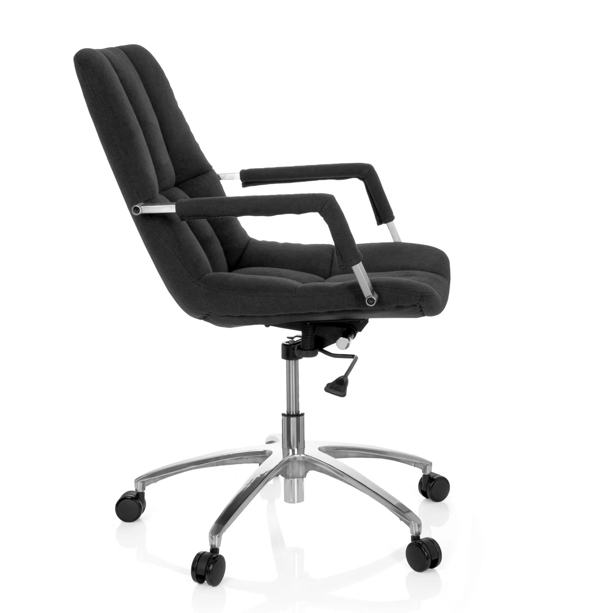 Black Home Office Chair SARANTO with fabric upholstery and five-caster base by hjh OFFICE – 360-degree view (side profile 80°)