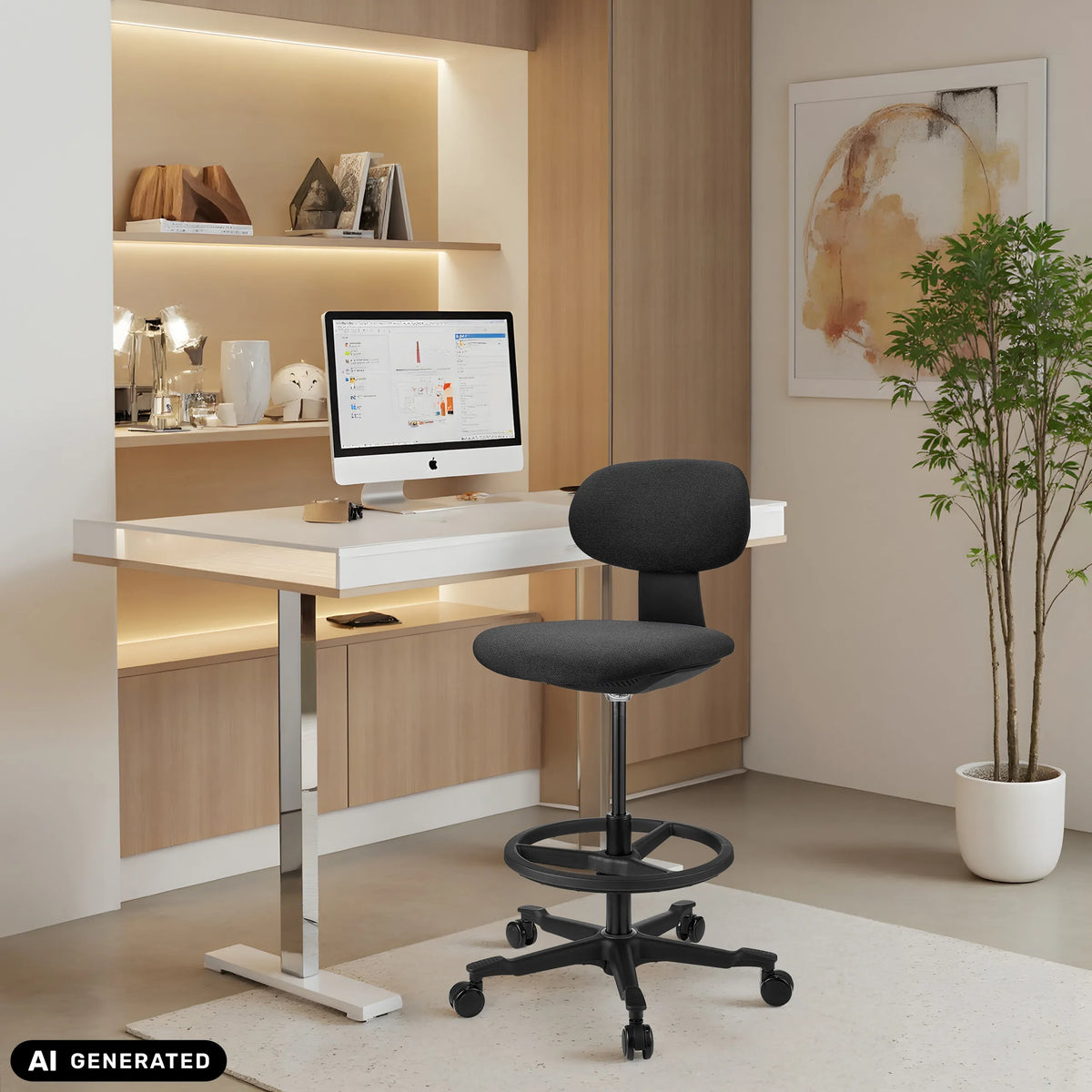 Black WORK MF2 work chair with foot ring and castors in front of a white desk by hjh OFFICE (AI-generated image)