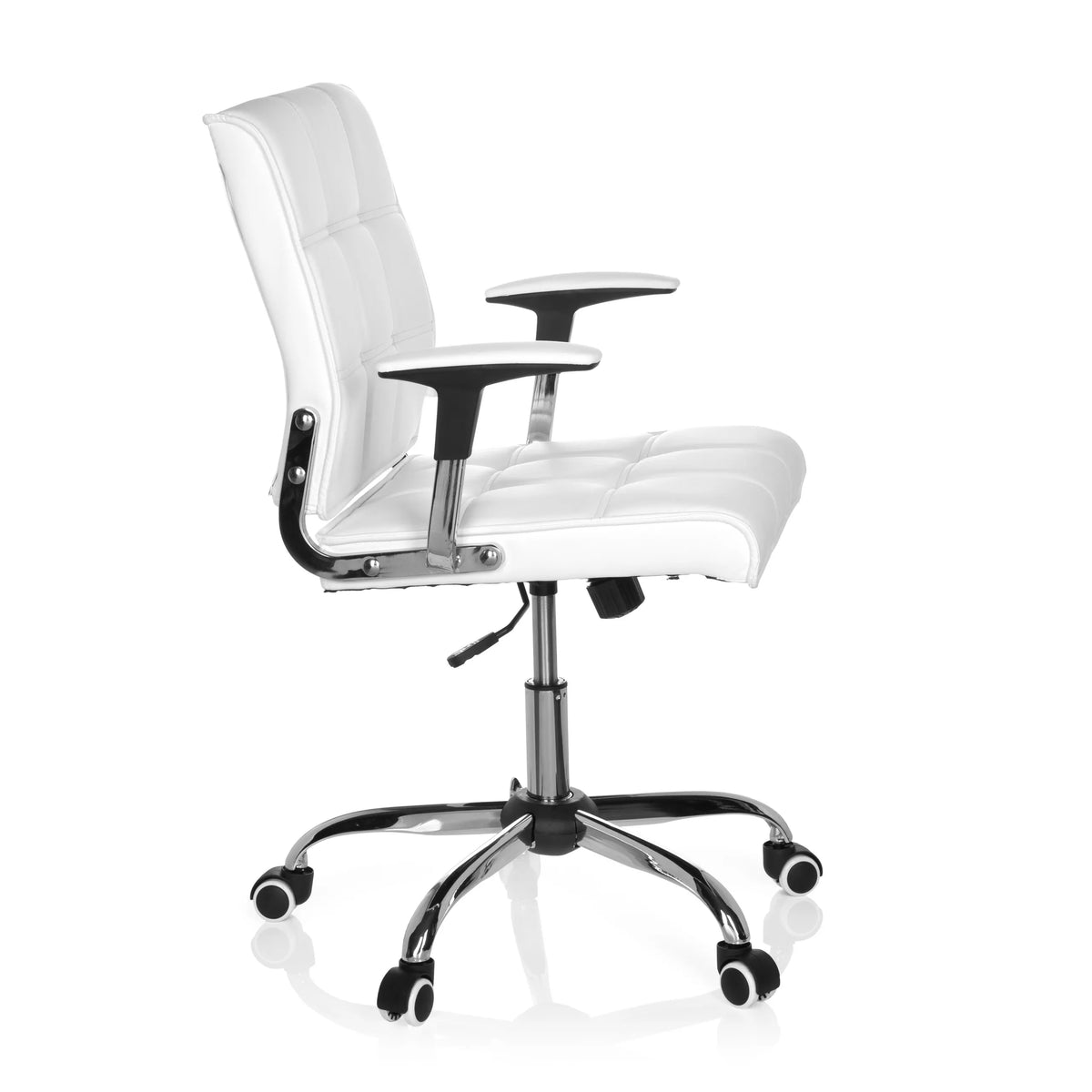 White Home Office Chair ERNESTO with quilted upholstery and five-caster base by hjh OFFICE – 360-degree view (side profile 80°)