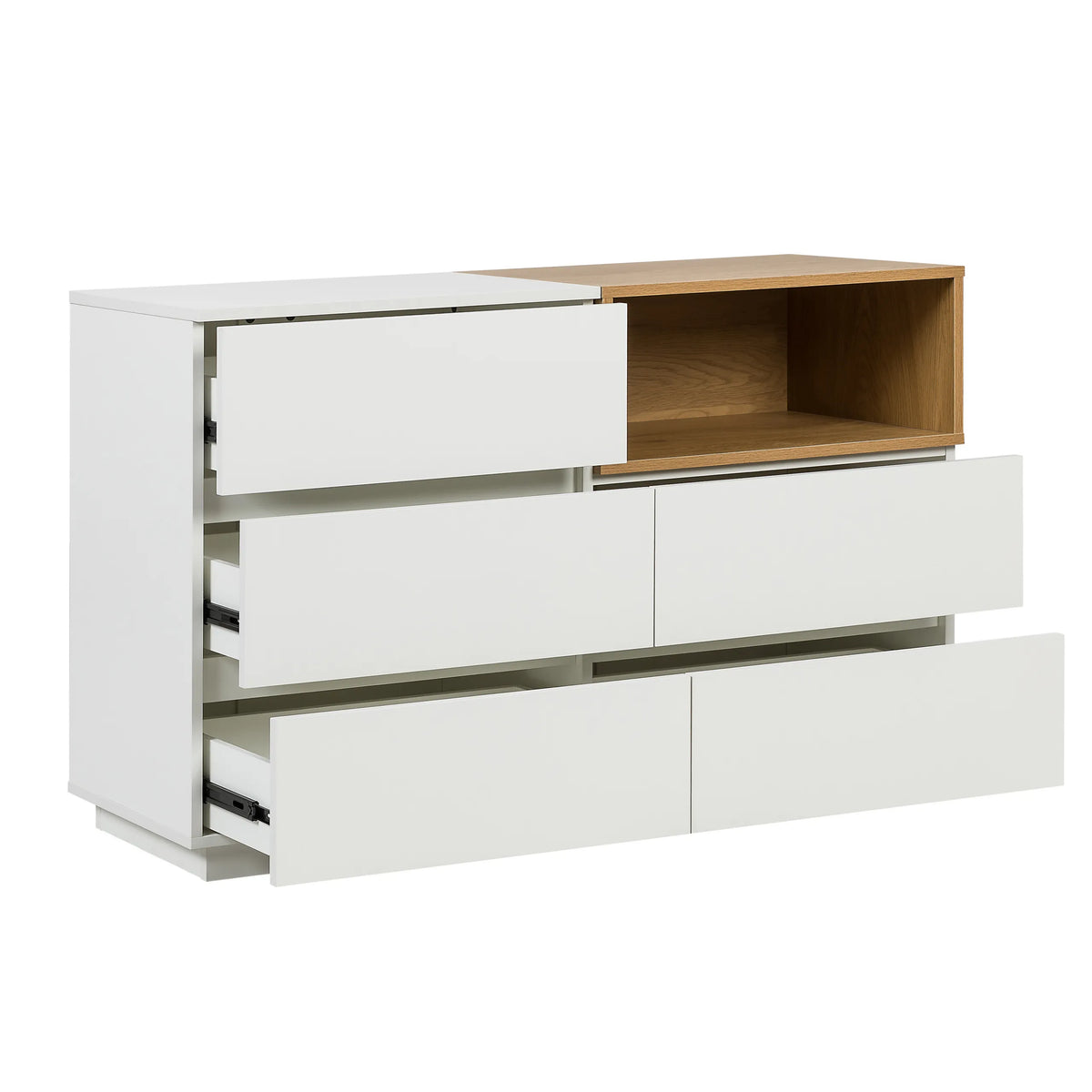 White Sideboard MELMO S with oak wood accent and three partially open drawers by hjh LIVING