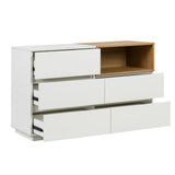 White Sideboard MELMO S with oak wood accent and three partially open drawers by hjh LIVING