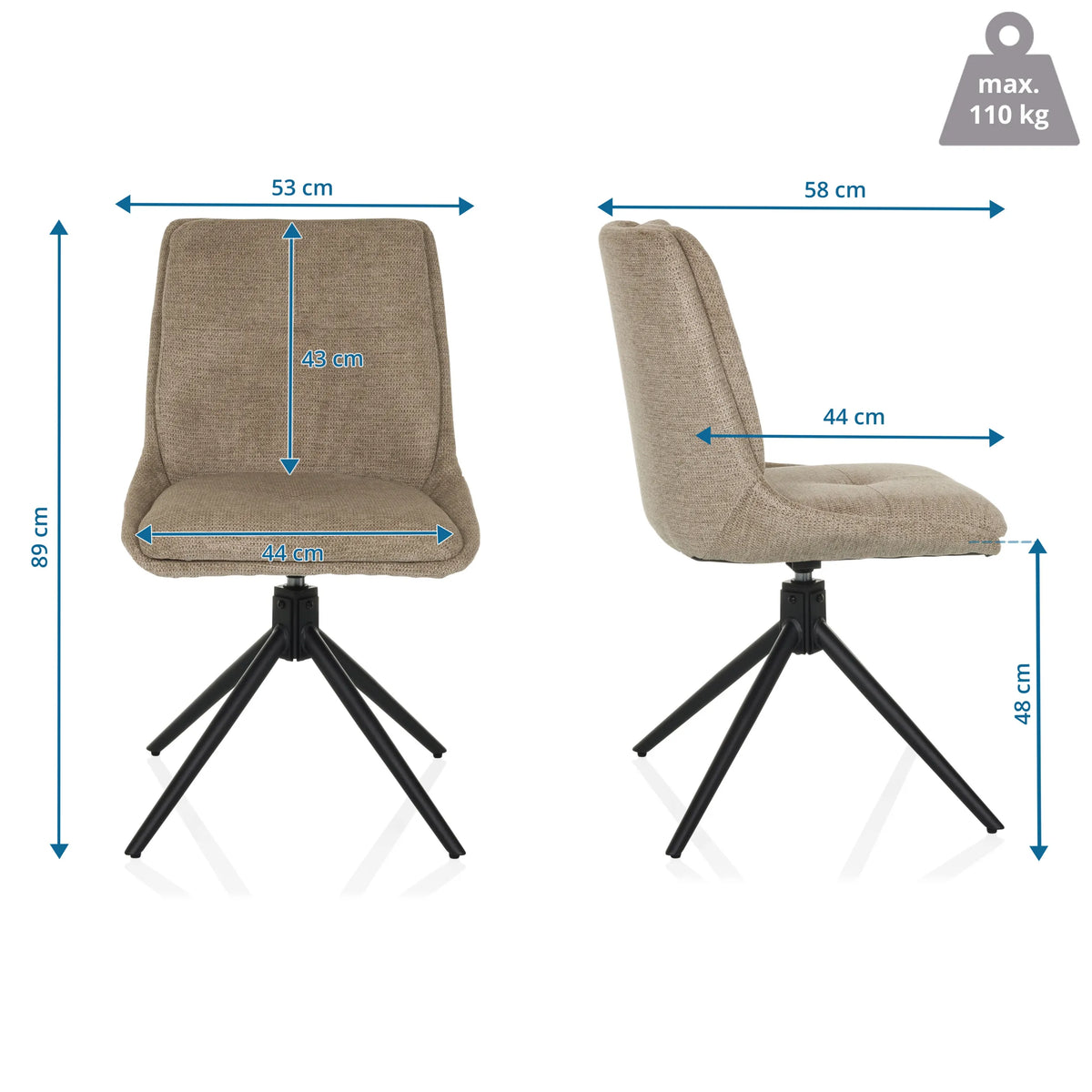 Dimensional drawing of the Upholstered chair TARVISO I with a total height of 89 cm and a seat width of 44 cm by hjh LIVING