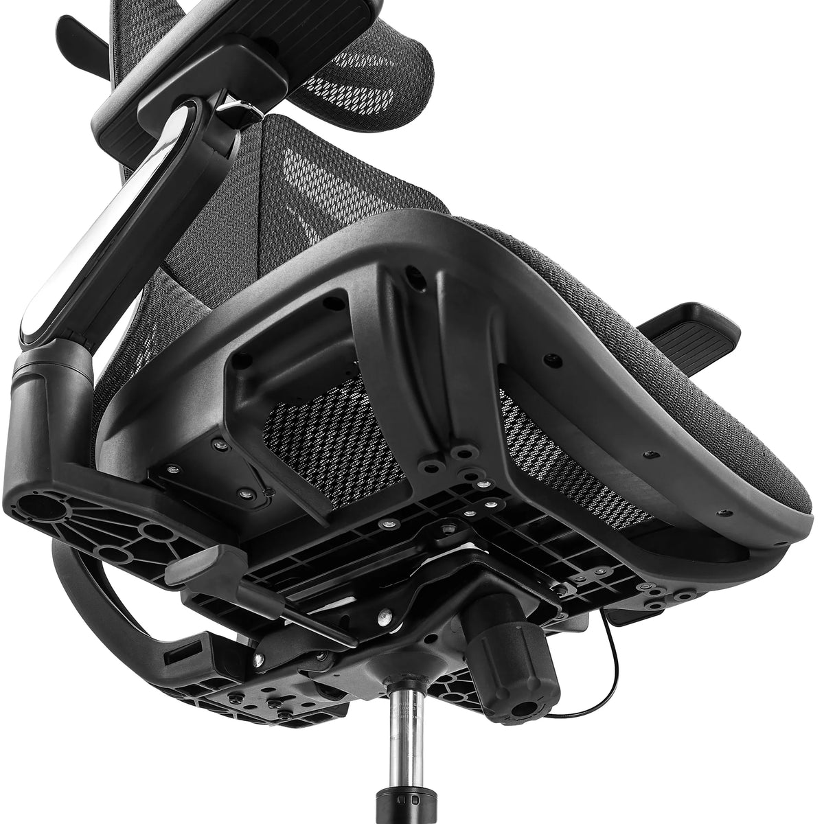 Underside of the seat and mechanism of the Ergo U2 Pro3 Professional Office Chair with black nylon mesh by hjh OFFICE