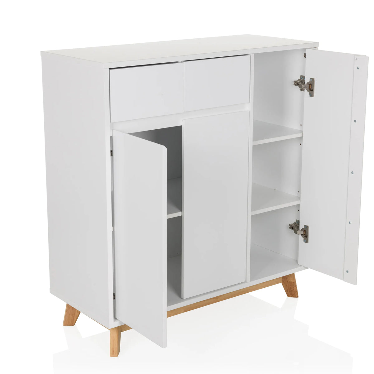 White ESTHA chest of drawers with two drawers, two doors and light wood legs by hjh LIVING