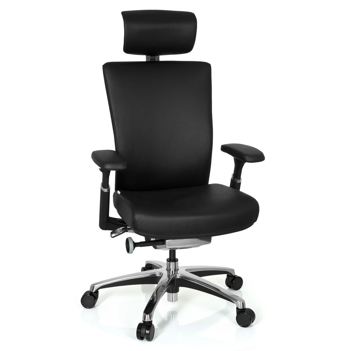 Black Professional Office Chair NOVA made of leather with headrest and five-caster base by hjh OFFICE – 360-degree view (front view 20°)