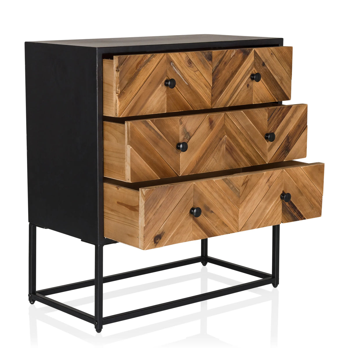 SANTJAGO BLACK SUN L sideboard with three wood-coloured drawers in a herringbone pattern and a black frame by hjh LIVING