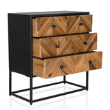 SANTJAGO BLACK SUN L sideboard with three wood-coloured drawers in a herringbone pattern and a black frame by hjh LIVING