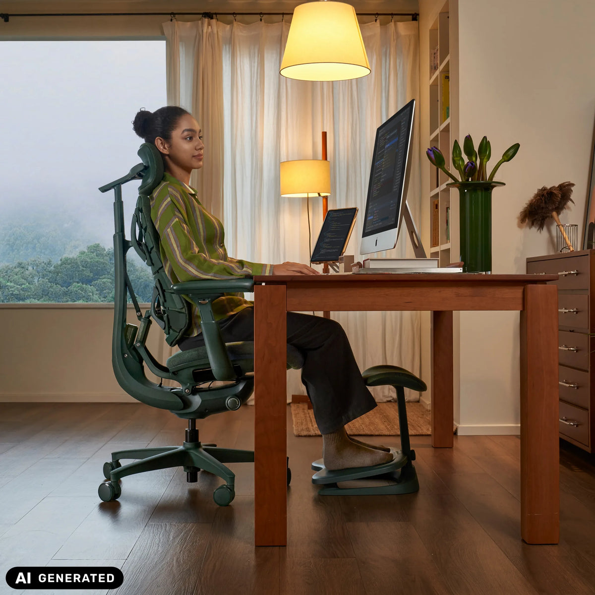 Green LiberNovo Omni StepSync footrest under a desk by Libernovo (AI-generated image)