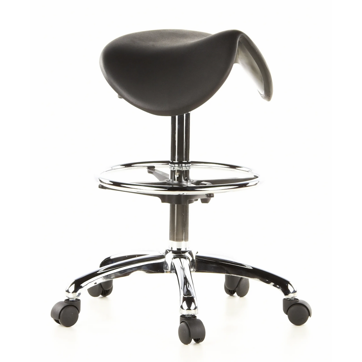 Black Saddle stool TOP WORK 13 with foot ring and five-caster base by hjh OFFICE – 360-degree view (front three-quarter view 40°)