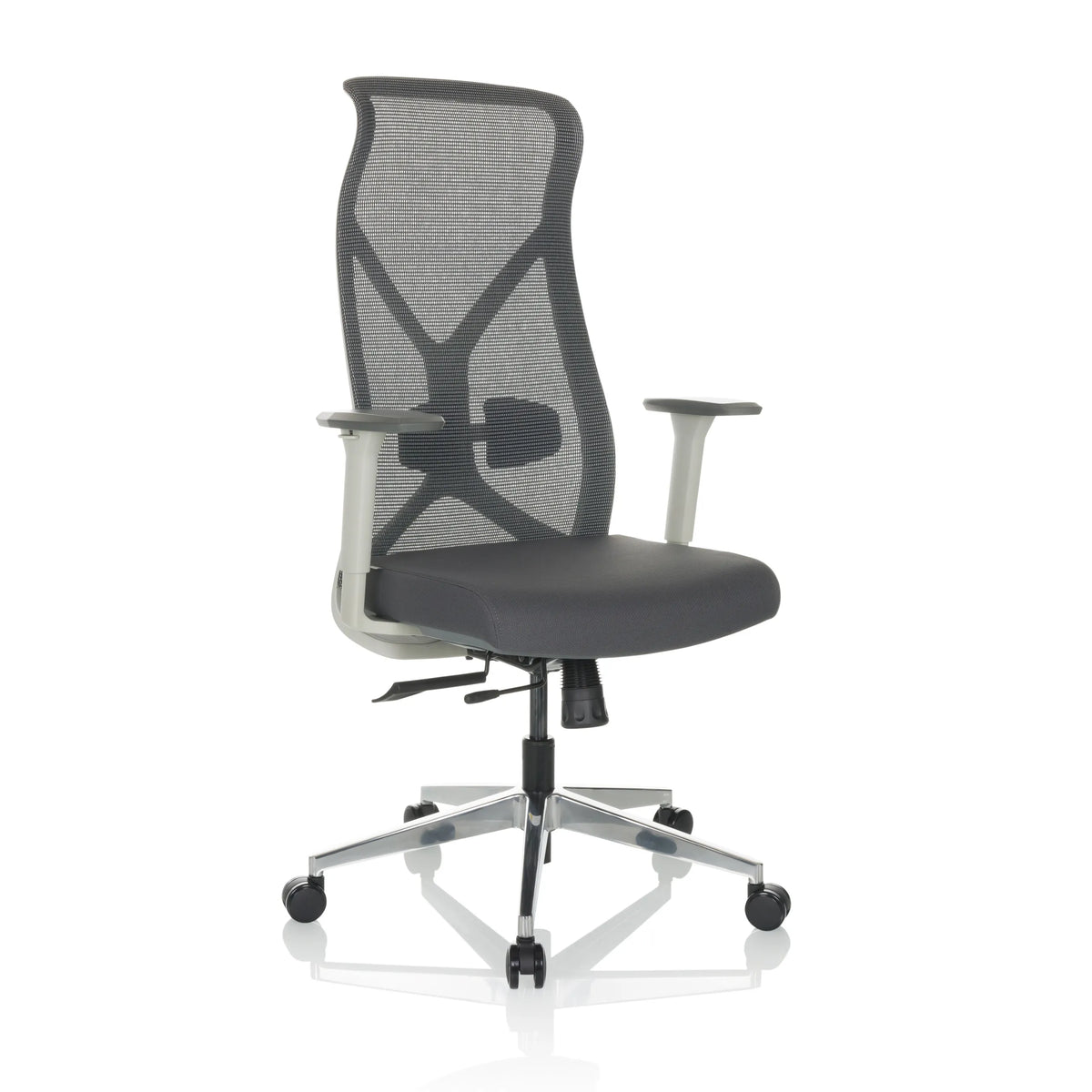 Grauer Profi-Bürostuhl AZURRO WHITE mit Netzrücken und Fußkreuz mit fünf Rollen von hjh OFFICE – 360-Grad-Ansicht (schräge Frontansicht 30°)