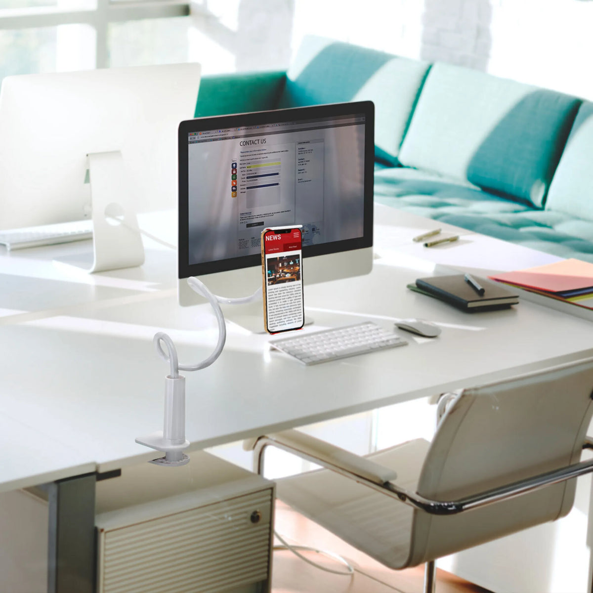 White Mobile phone & tablet holder FLEXMOBI I on a desk with a smartphone by hjh OFFICE