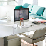 White Mobile phone & tablet holder FLEXMOBI I on a desk with a smartphone by hjh OFFICE