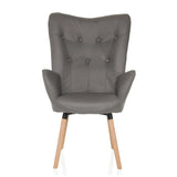 Grey Upholstered armchair HAVENIO I with button tufting, armrests and four wooden legs by hjh LIVING – 360-degree view (front view 0°)