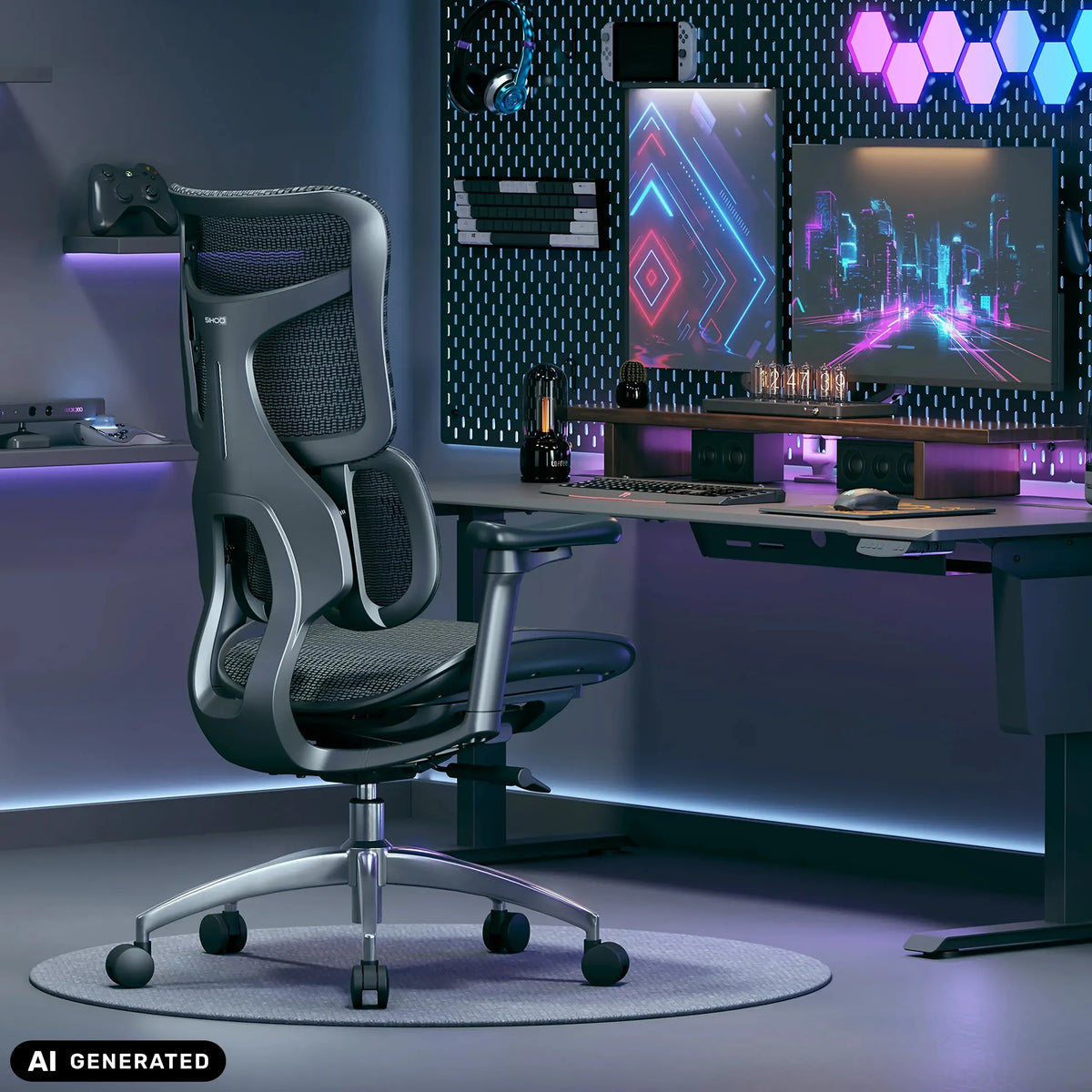 Black Professional Office Chair S100-M301 with mesh backrest and armrests in a gaming room by Sihoo (AI-generated image)