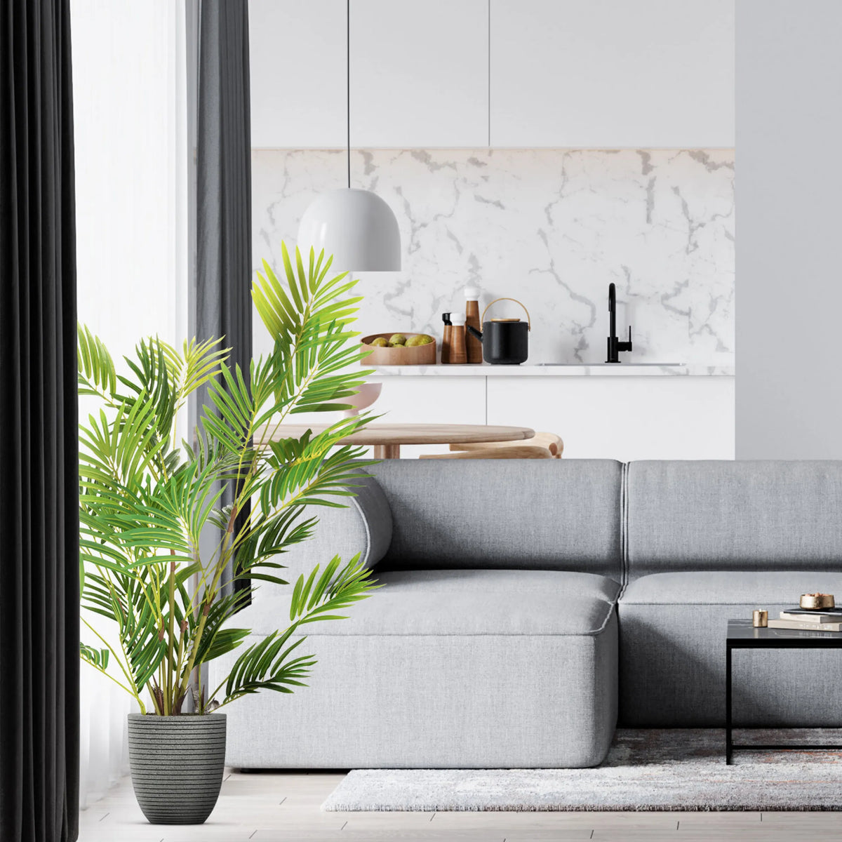 Green artificial plant ARECA I in a grey textured pot by hjh OFFICE
