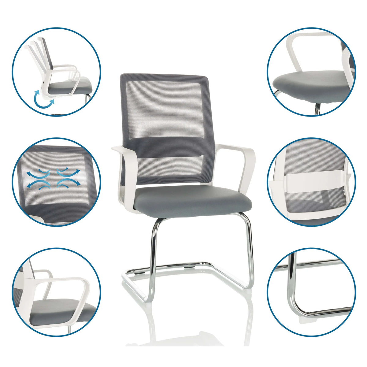 Grey cantilever chair VISITER W with mesh back, white armrests and chrome sled base by hjh OFFICE