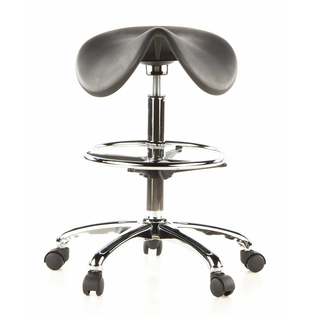 Black Saddle stool TOP WORK 13 with foot ring and five-caster base by hjh OFFICE – 360-degree view (front view 0°)