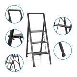 Black Folding Ladder SOLID W6 with three steps, handrail and non-slip feet by hjh OFFICE