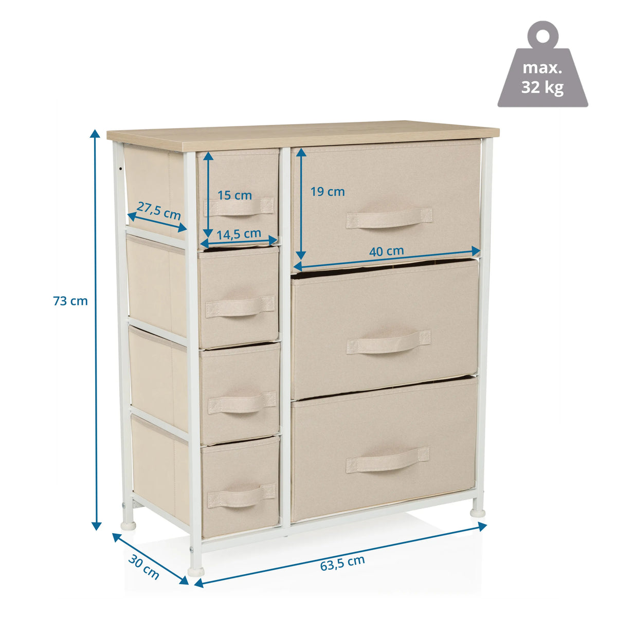 Dimensional drawing of the Chest of drawers FOLDRESS B with a height of 73 cm and a width of 63.5 cm by hjh LIVING