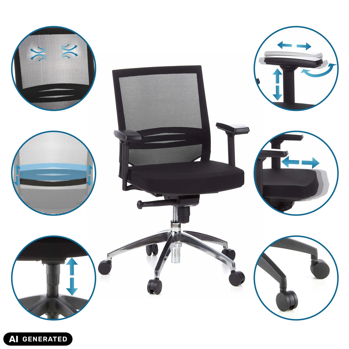 Adjustable features of the PORTO PRO Professional Office Chair in black by hjh OFFICE (AI-generated image)