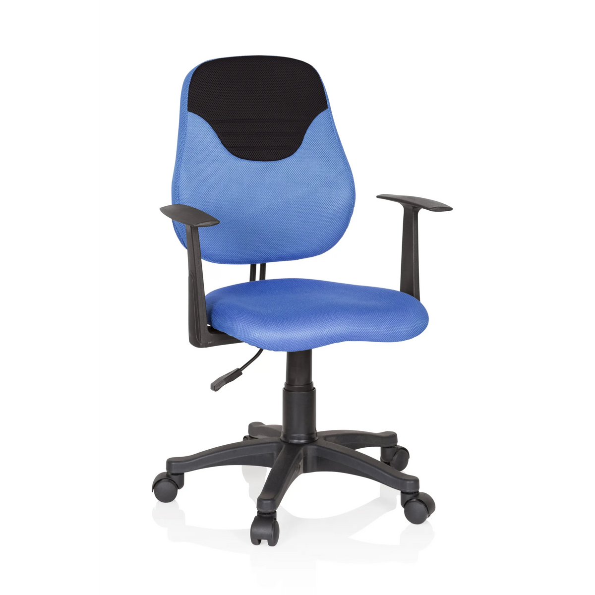 Blue Swivel Chair – Children KIDDY STYLE with mesh back, armrests and five-caster base by hjh OFFICE – 360-degree view (front view 20°)