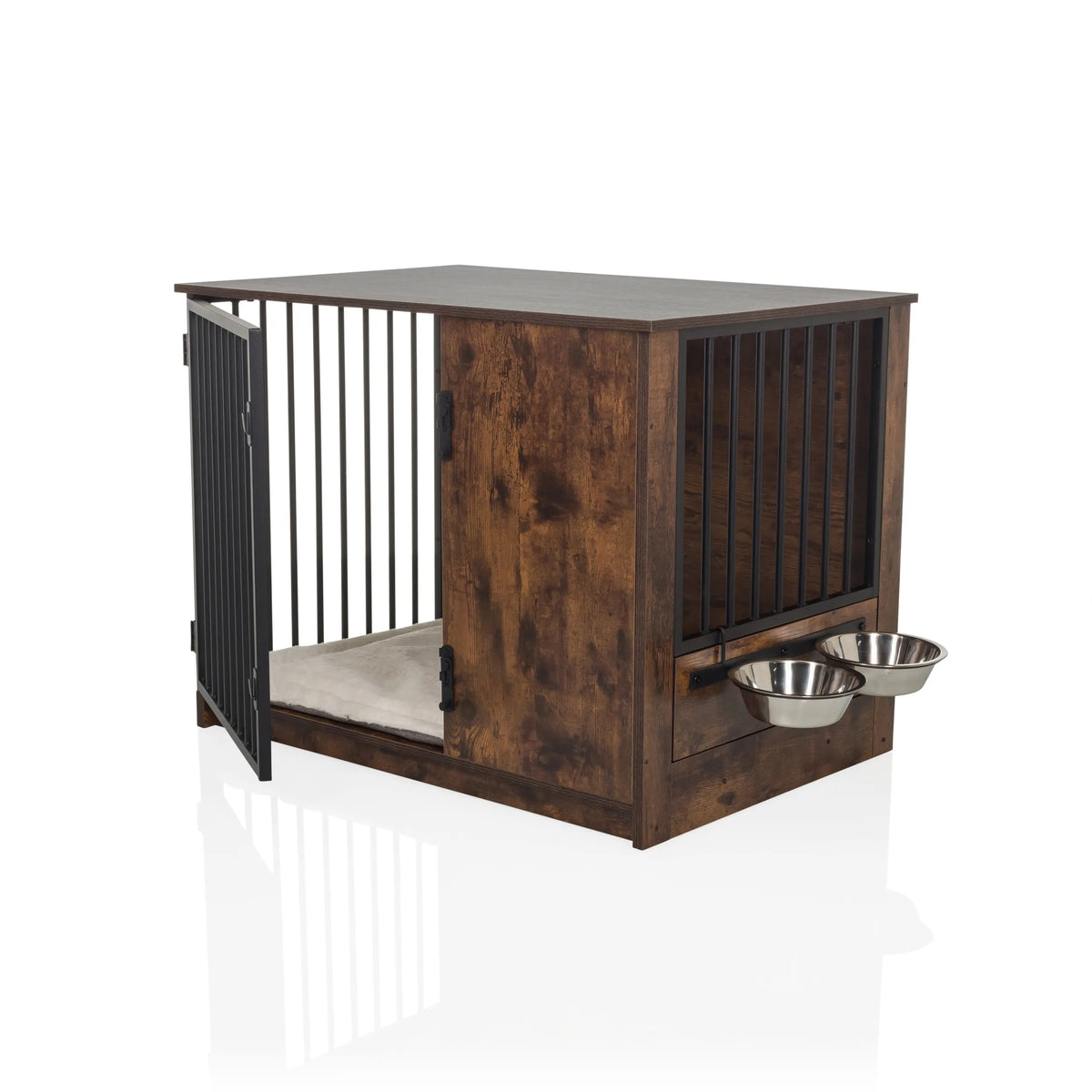 PAWHOME S dog crate in brown with metal bars, an open door and two integrated feeding bowls by hjh LIVING