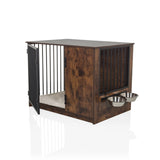 PAWHOME S dog crate in brown with metal bars, an open door and two integrated feeding bowls by hjh LIVING