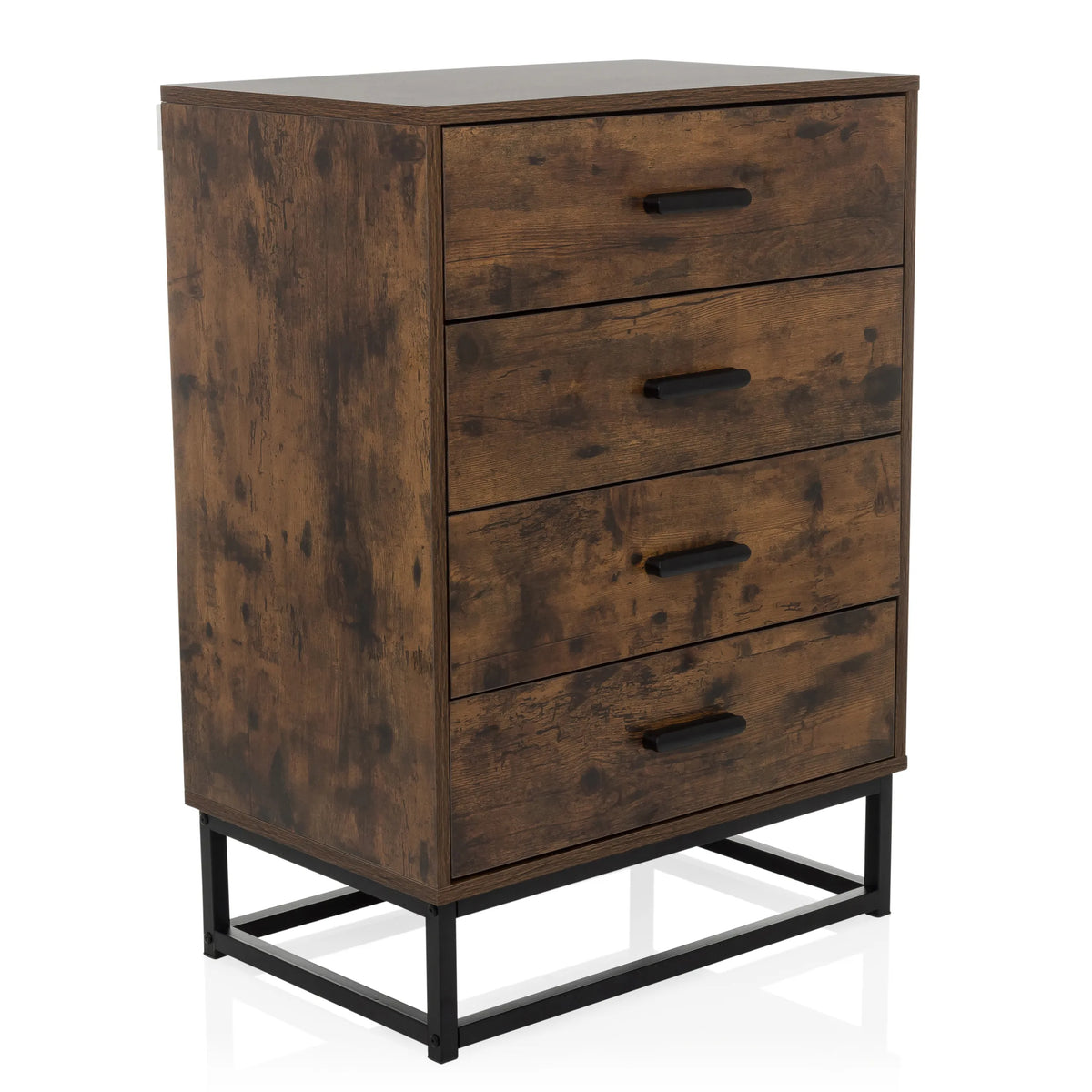Brown Chest of drawers VINSTRA with four drawers and black metal frame by hjh LIVING – 360-degree view (front three-quarter view 30°)