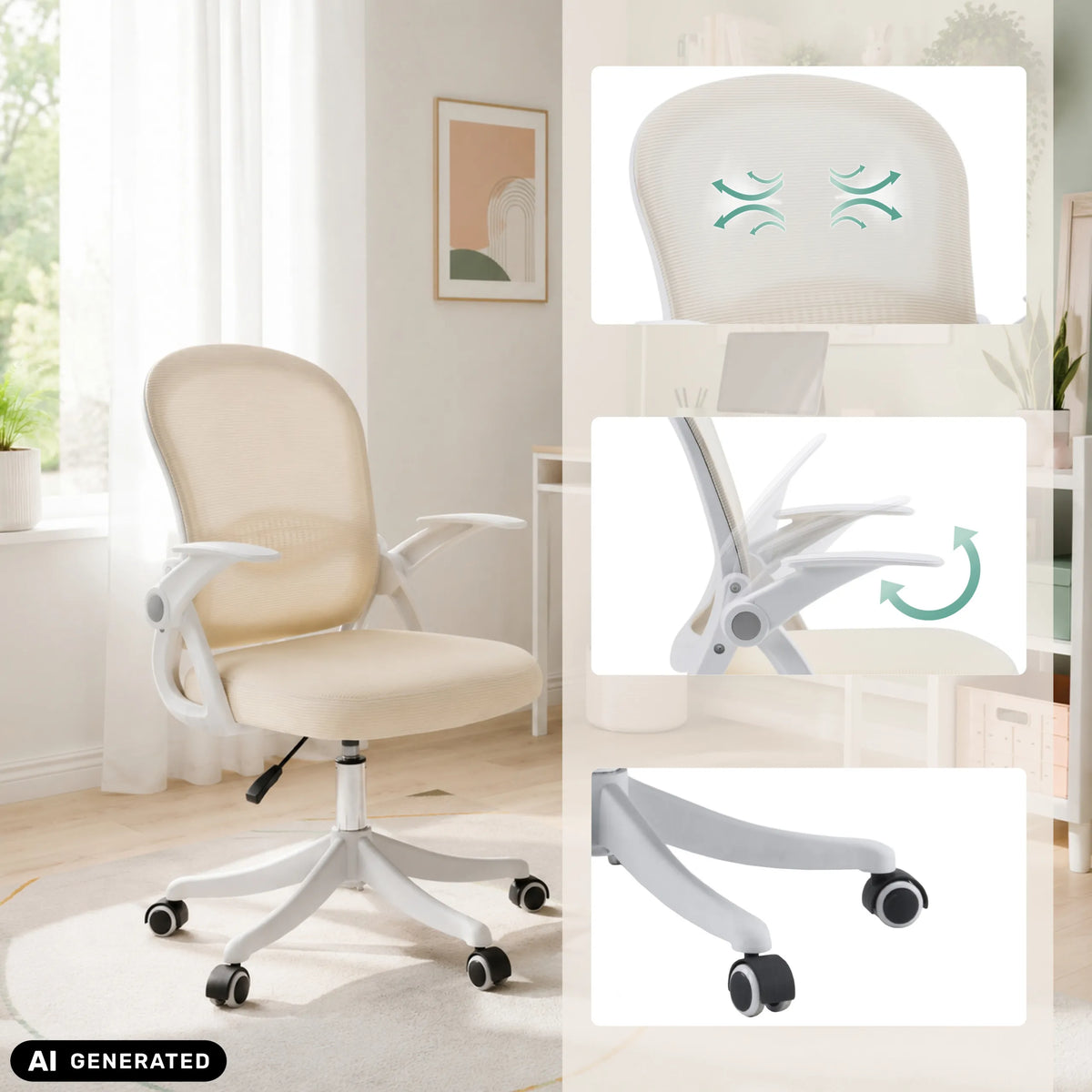 Beige Naluro Home Office Chair with breathable backrest and castor base by hjh OFFICE (AI-generated image)