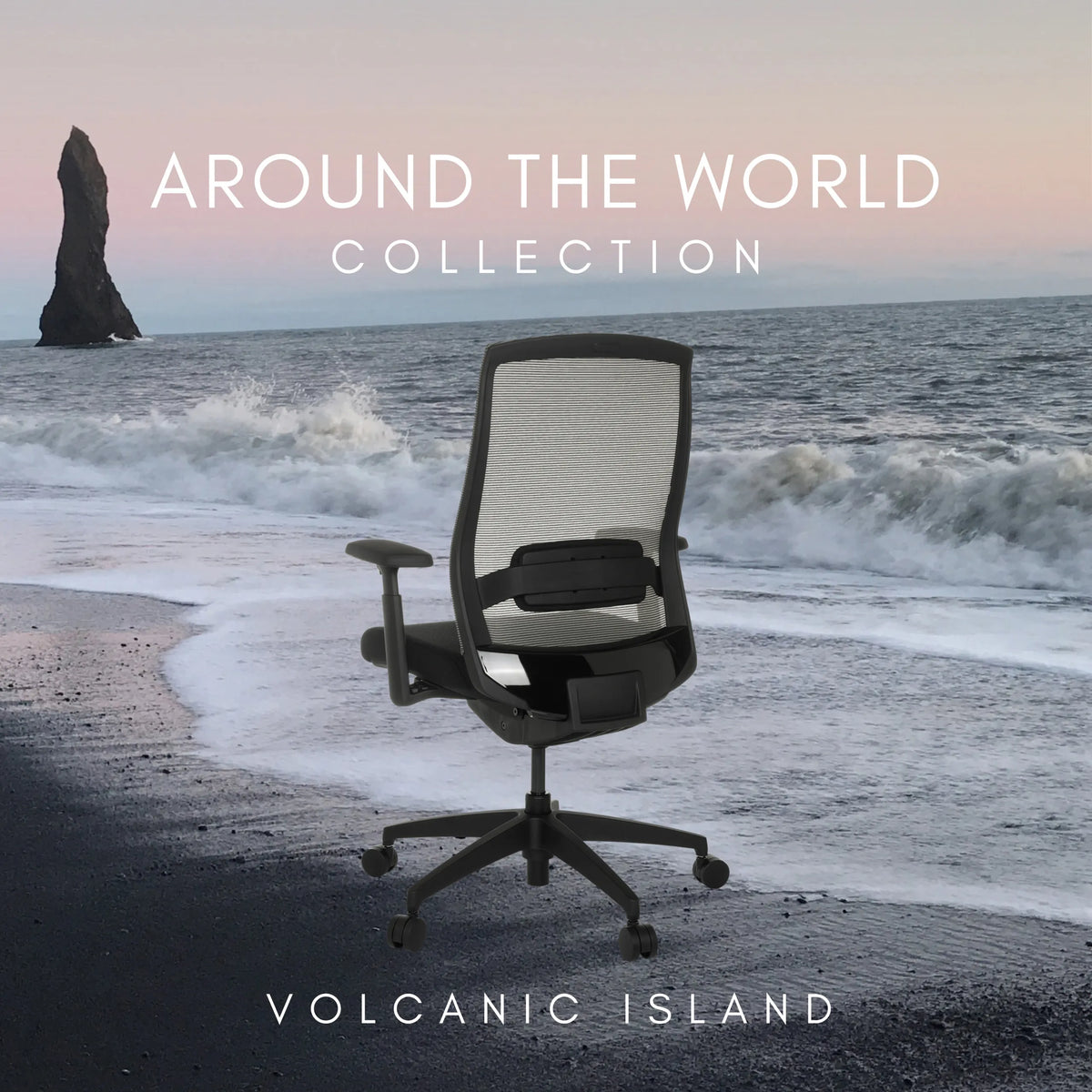 Black Professional Office Chair COLORE with mesh backrest and caster base in front of a coastal landscape by hjh OFFICE