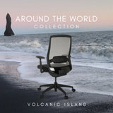 Black Professional Office Chair COLORE with mesh backrest and caster base in front of a coastal landscape by hjh OFFICE