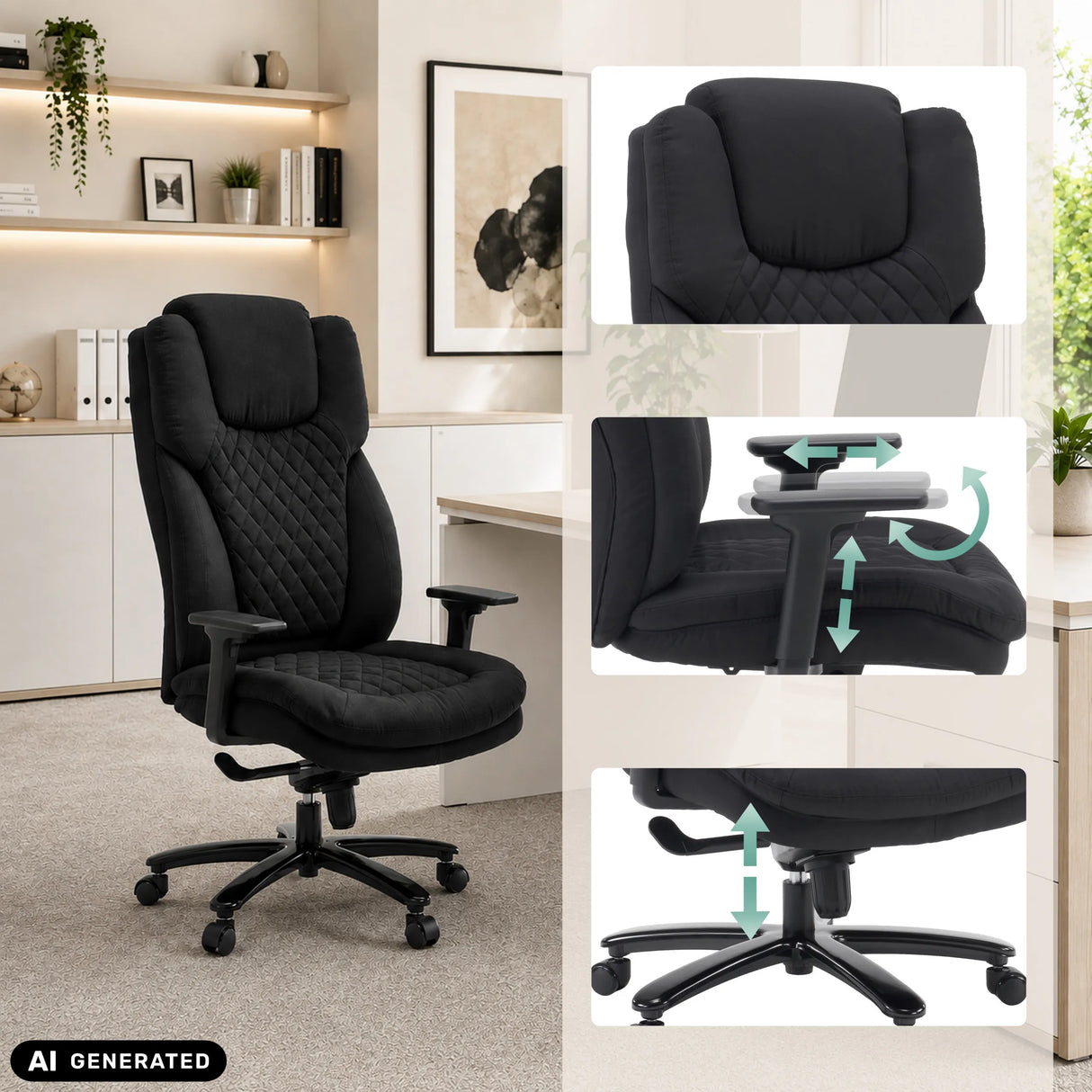 XXL Pullmann Gen2 swivel chair in black with adjustable armrests and height-adjustable base by hjh OFFICE