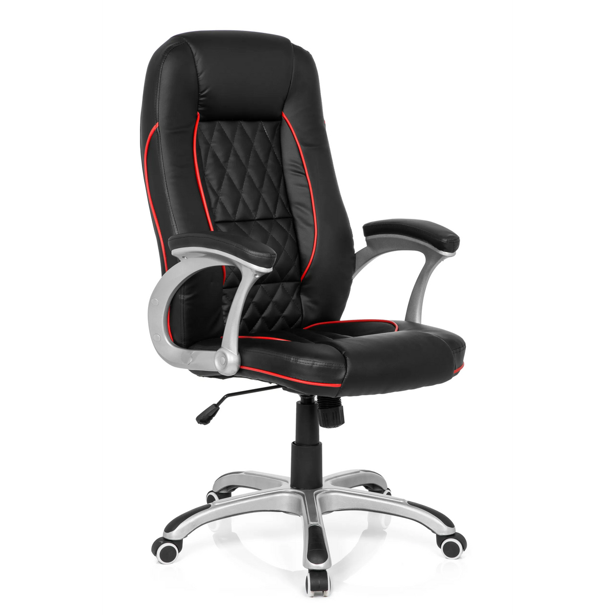 Black Gaming chair RELAX AB100 with red decorative stitching, quilting and five-caster base by MyBuero – 360-degree view (front three-quarter view 40°)