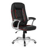 Black Gaming chair RELAX AB100 with red decorative stitching, quilting and five-caster base by MyBuero – 360-degree view (front three-quarter view 40°)