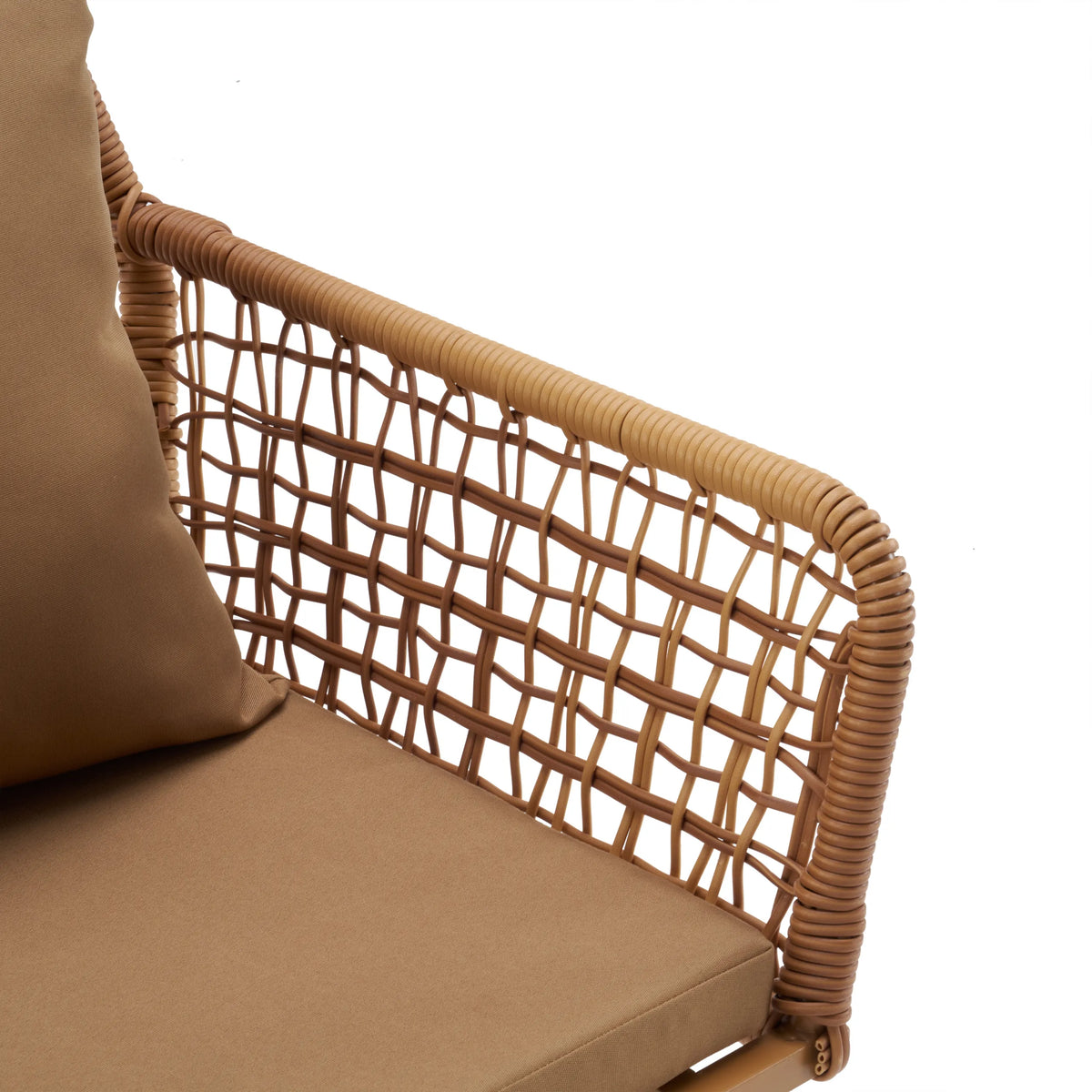 Braided armrest of the Tavaro Korvik upholstered chair in brown with matching seat cushion by hjh LIVING