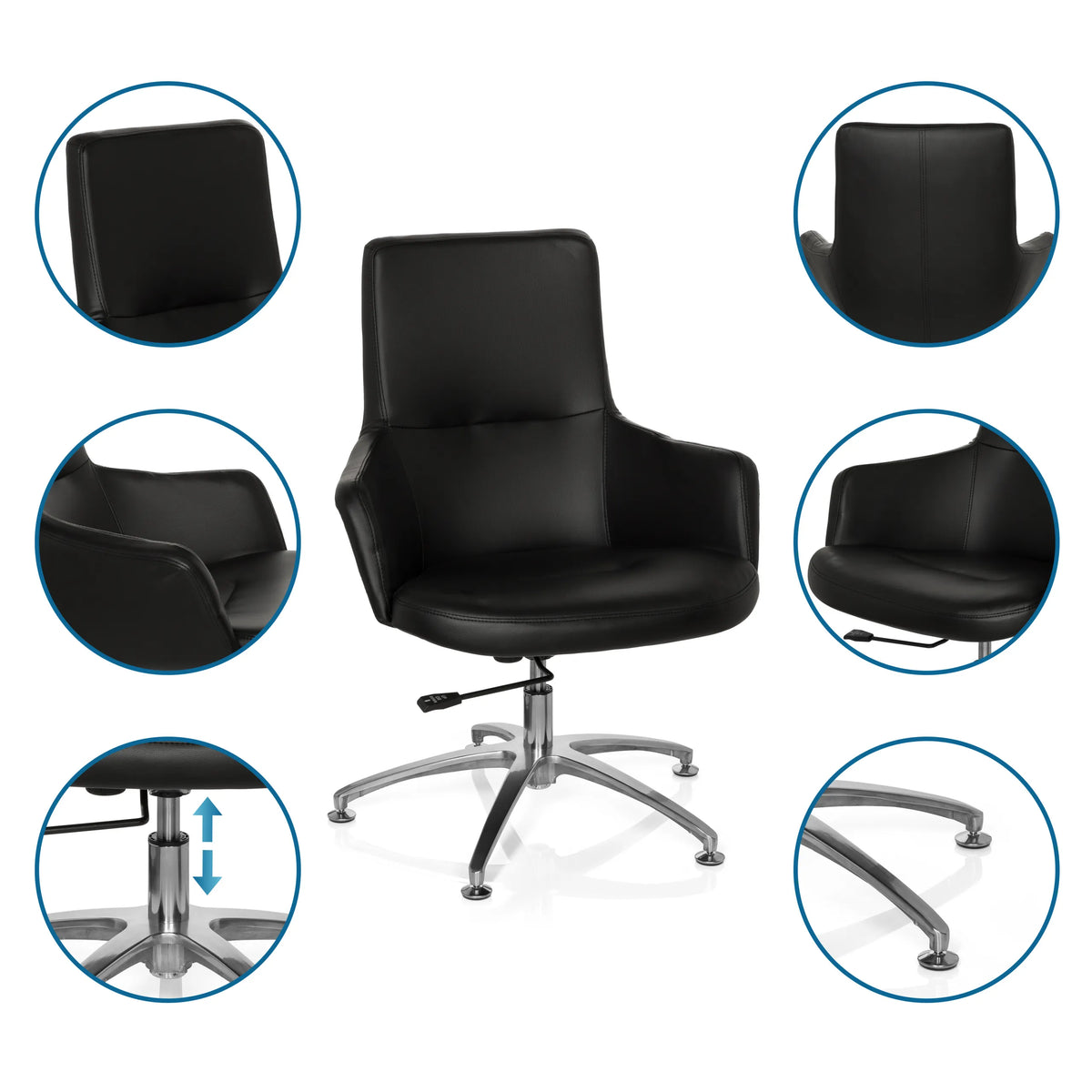 Black Lounge Chair SHAKE 300 with chromed star base and detailed views of the upholstery by hjh OFFICE