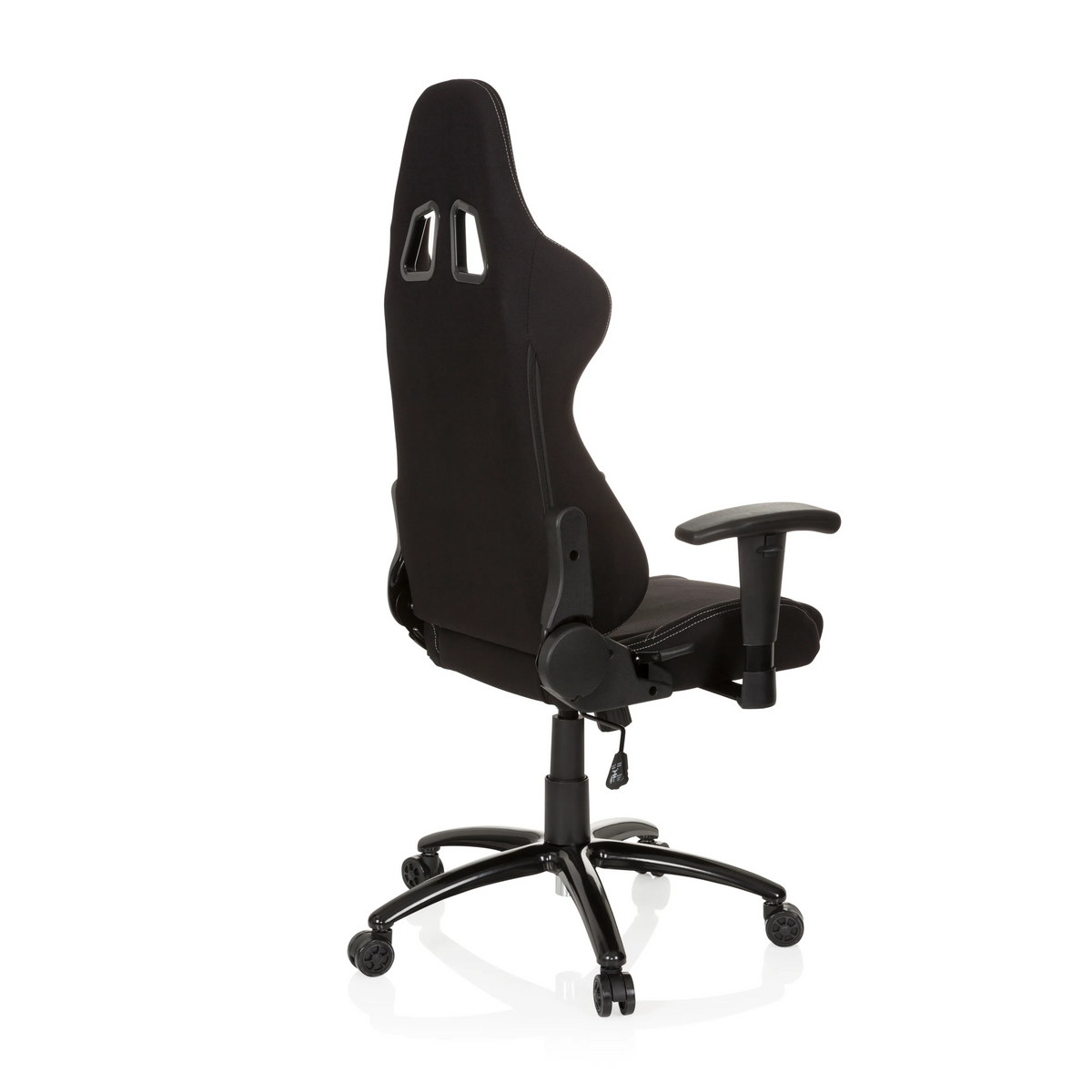 Schwarzer Gamingstuhl GAME FORCE mit Kopfstütze, Armlehnen und Fußkreuz mit fünf Rollen von hjh OFFICE – 360-Grad-Ansicht (schräge Rückenansicht 120°)