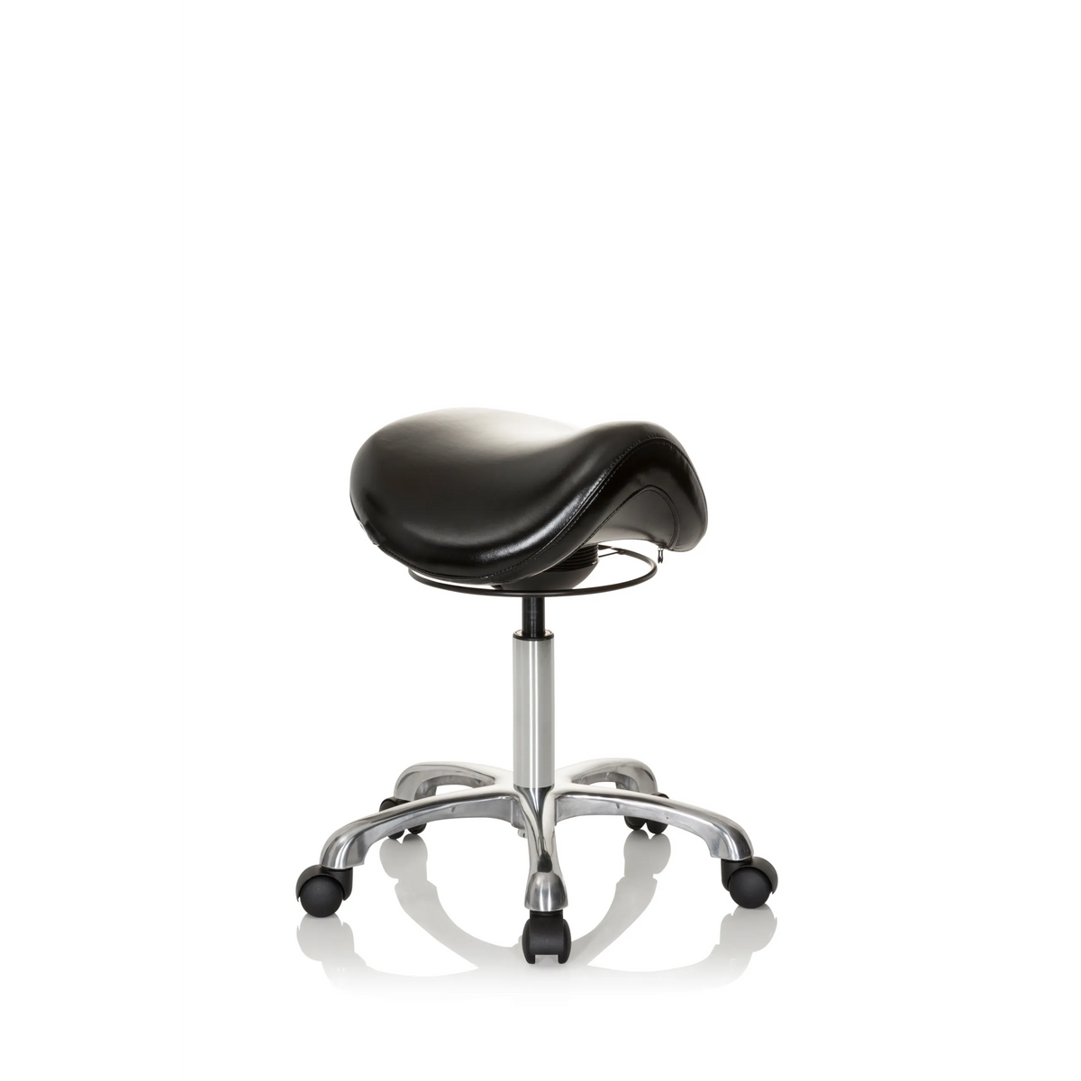 Black Saddle stool ORTHO SIT with foot cross and five castors by hjh OFFICE – 360-degree view (front three-quarter view 40°)