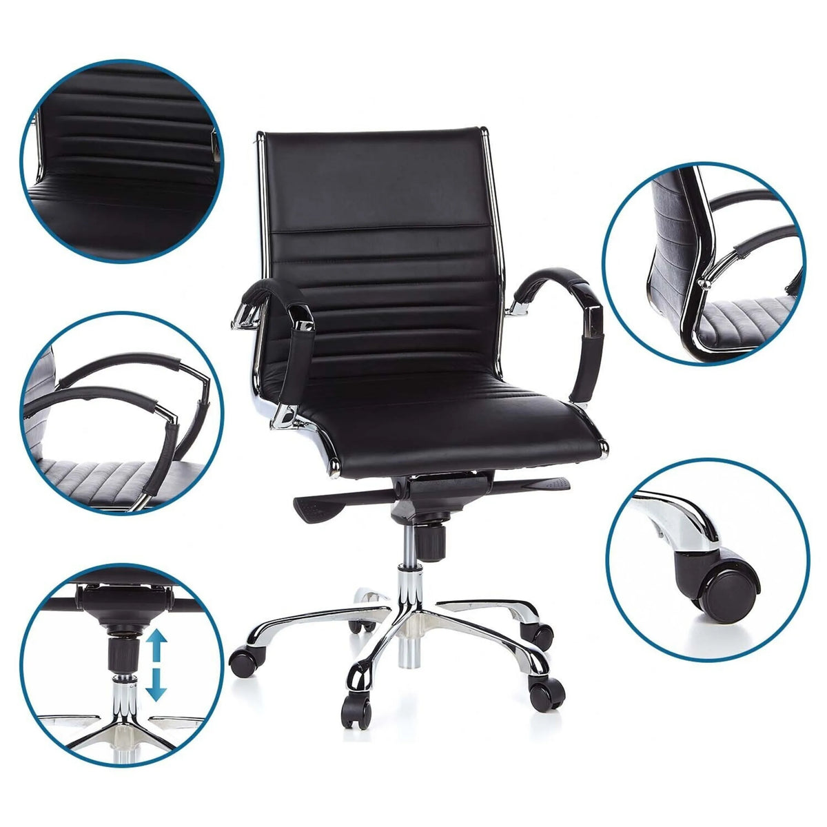 Professional Executive Chair PARMA 10 in black with detail views of upholstery, armrests, castors and gas spring by hjh OFFICE