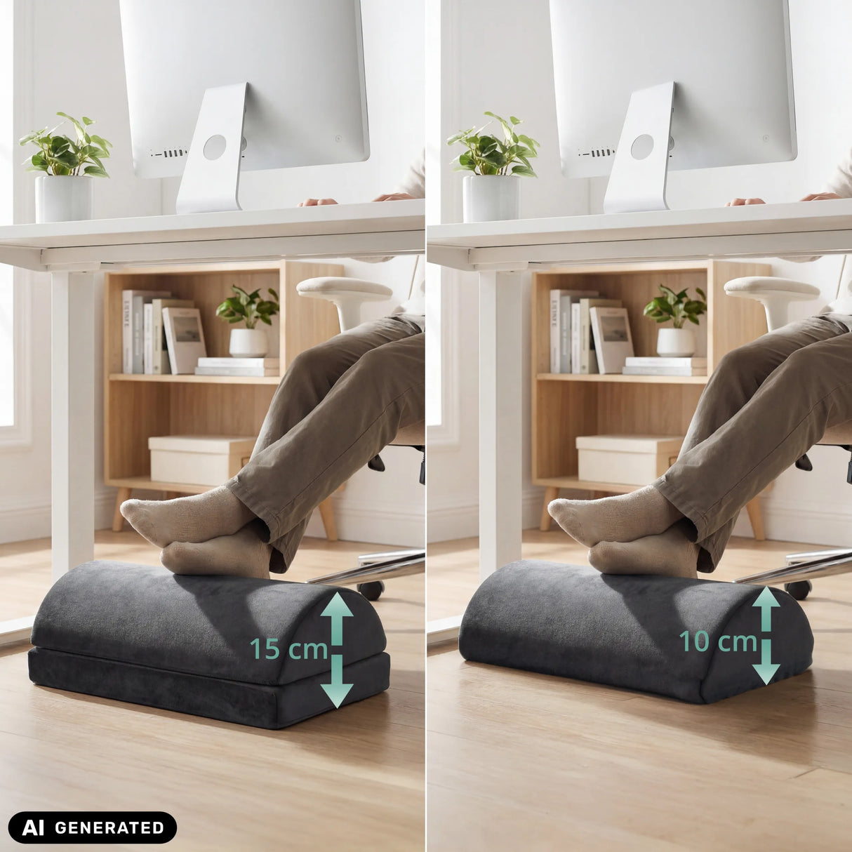 Height comparison of the Podi Velvet 1 footrest with 10 cm and 15 cm by hjh OFFICE (AI-generated image)