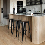 Three black VANTAGGIO HIGH WS bar stools with dark seats at a kitchen island by hjh OFFICE