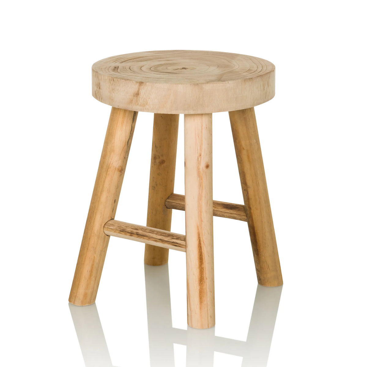 Brown wooden stool RUSTIKO W with round seat and crossbars by hjh LIVING – 360-degree view (front three-quarter view 30°)