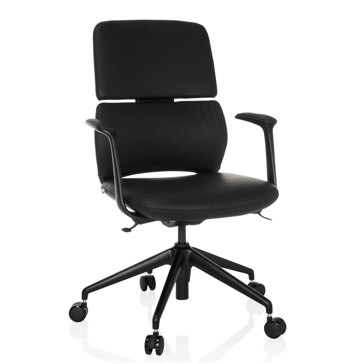 Black Professional Office Chair ATMOS DESIGNER with armrests and five-caster base by hjh OFFICE – 360-degree view (front view 15°)