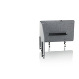 Grey Table partition FLEXMIUT T TOP with integrated shelf and mounting clamps by hjh OFFICE – 360-degree view (front three-quarter view 45°)