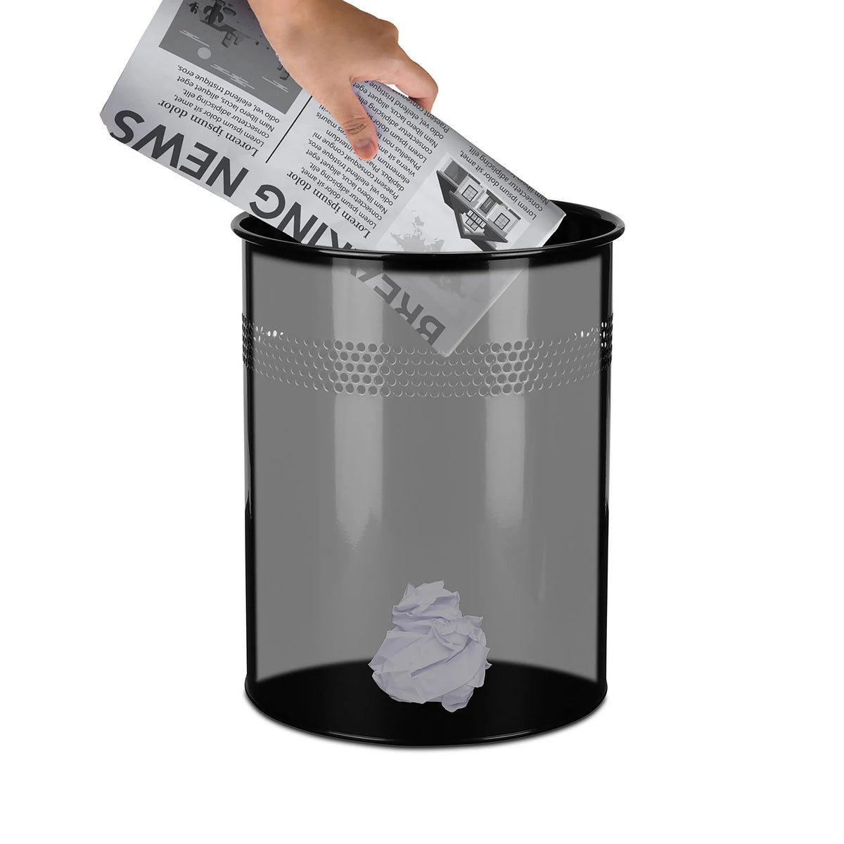 Black CLEAN III wastepaper bin with a perforated pattern at the top and a crumpled piece of paper inside by hjh OFFICE