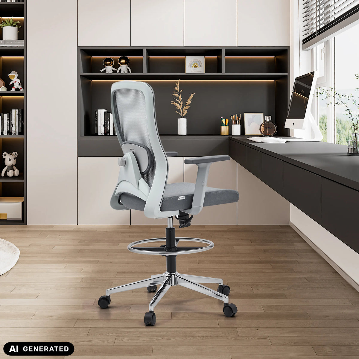 Grey Top Work 44 W counter chair with foot ring and mesh backrest by hjh OFFICE (AI-generated image)