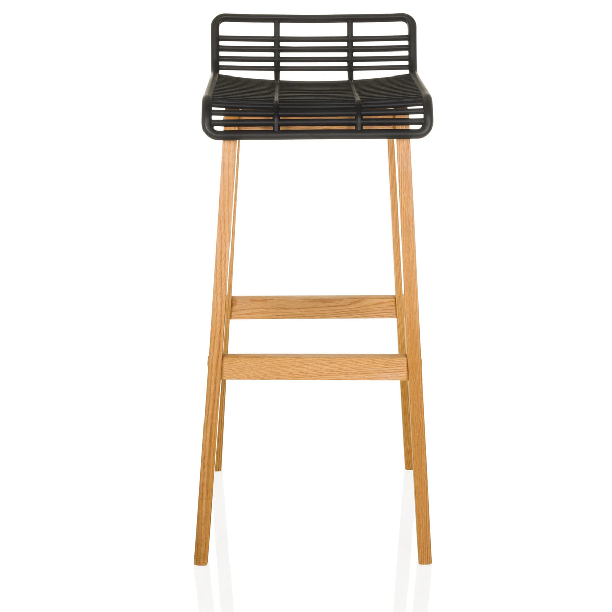 Bar stool LONSO W with black seat shell and oak wood frame by hjh OFFICE – 360-degree view (front view 0°)