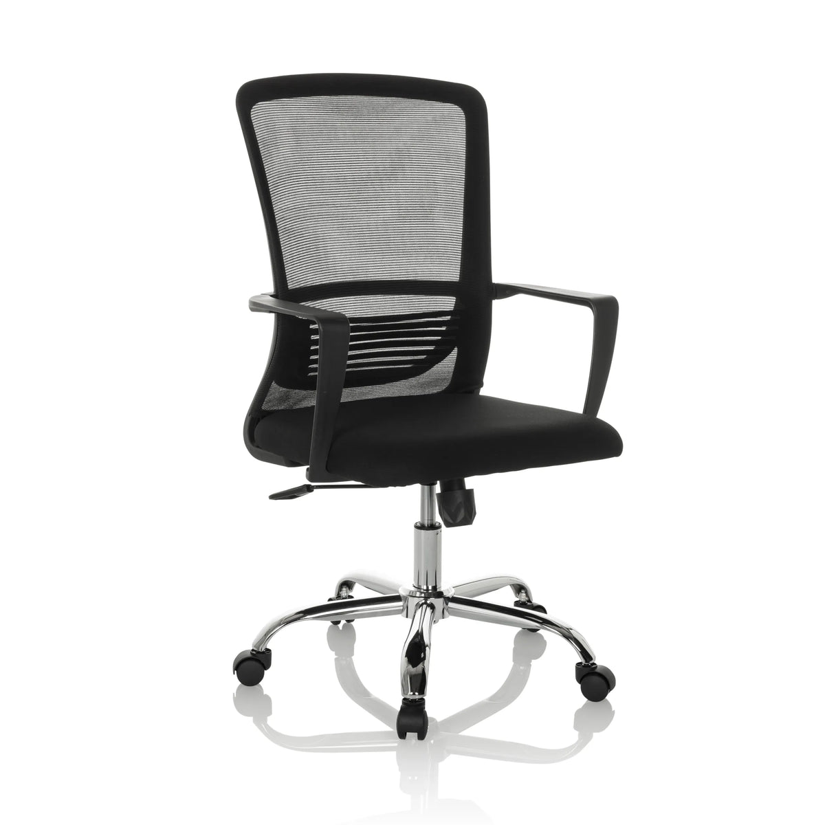 Black Home Office Chair STAR-TEC S with mesh back and five-caster base by hjh OFFICE – 360-degree view (front three-quarter view 30°)