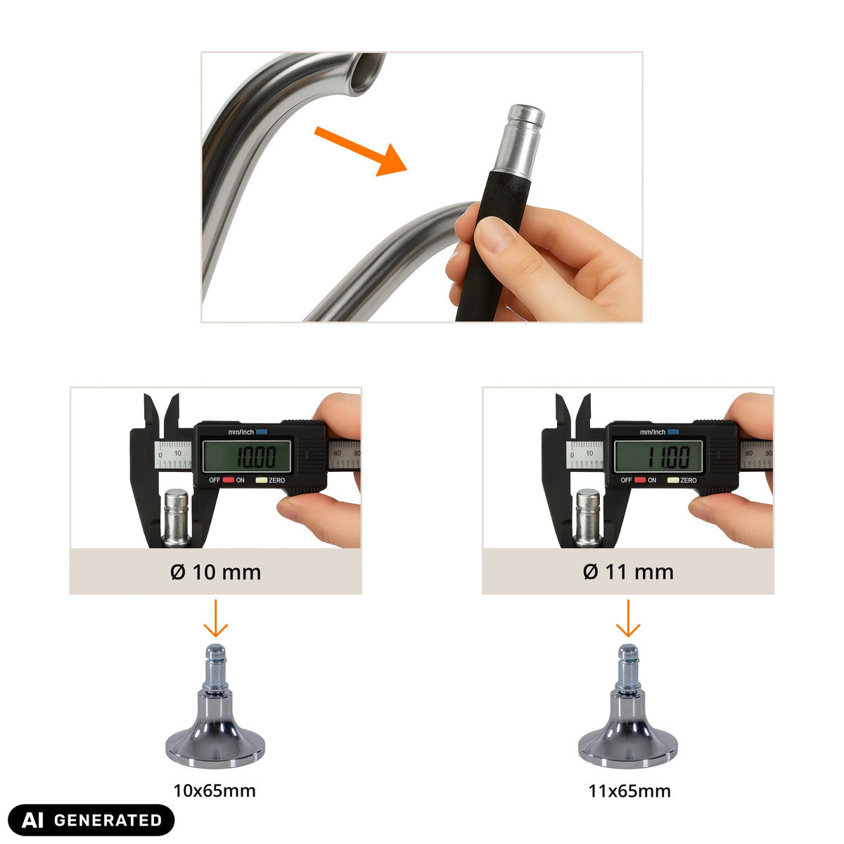 Determining the size of STAND C chair glides using a calliper in 10 mm and 11 mm by hjh OFFICE (AI-generated image)