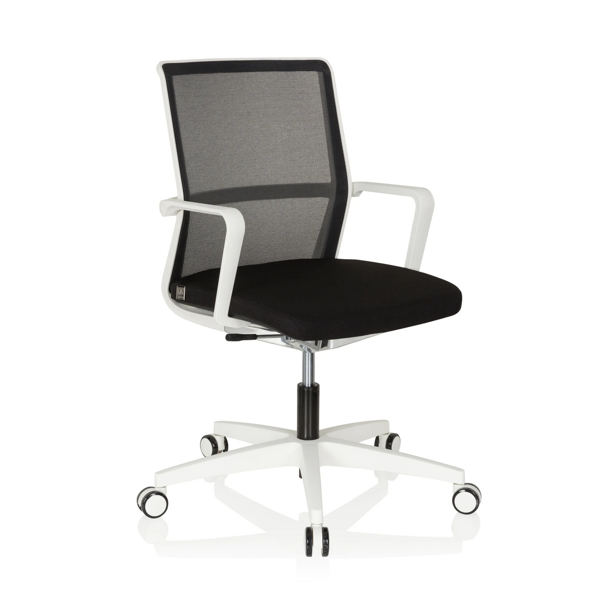 Black and white Professional Office Chair MOVE-TEC NET 3D W with mesh back and white five-caster base by hjh OFFICE – 360-degree view (front three-quarter view 40°)